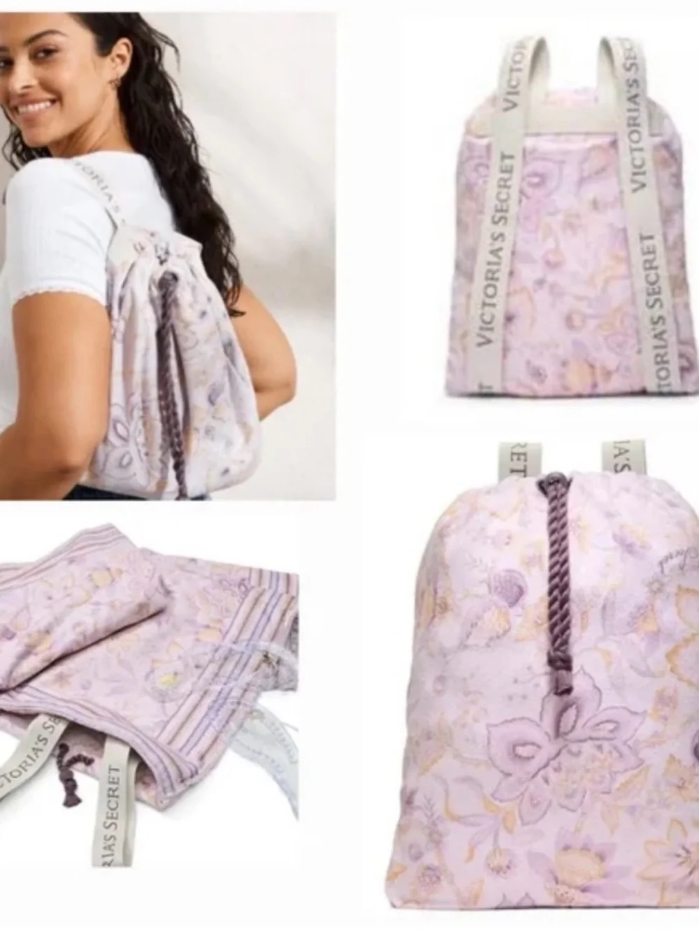 Victoria's Secret Pastel Lavender Floral Drawstring Backpack towel